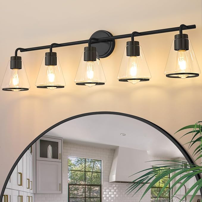 38.5" Black Bathroom Vanity Light, 5 Light Modern Vanity Lighting Fixture | Vanity Lights with Clear Glass Shade, Bathroom Wall Light Over Mirror, Wall Sconces for Bathroom Bedroom