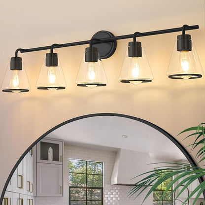 38.5" Black Bathroom Vanity Light, 5 Light Modern Vanity Lighting Fixture | Vanity Lights with Clear Glass Shade, Bathroom Wall Light Over Mirror, Wall Sconces for Bathroom Bedroom