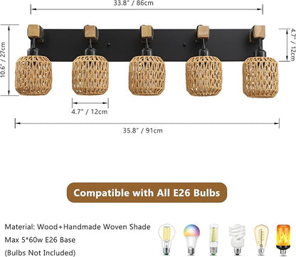 LmnLvn 5-Light Bathroom Vanity Light, Boho Farmhouse Rattan Handwoven Shade | Wood & Metal Frame, Rattan Vanity Light Design, Mounted Over Mirror, Easy To Install for Restroom, Bedroom & Hallway