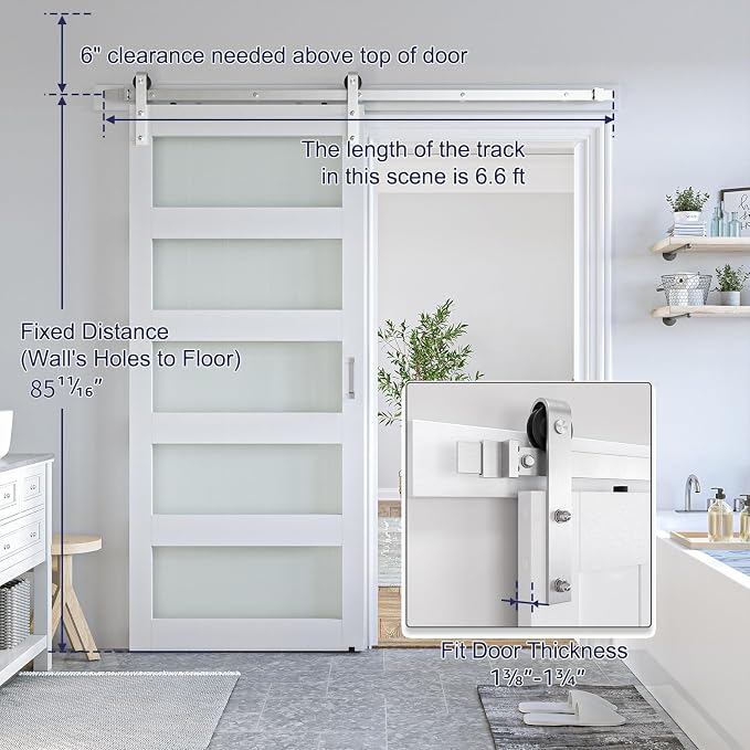 SMARTSTANDARD 38 x 84 in Glass Barn Door with 6.6FT Silver Sliding Hardware | Brushed Nickel Sliding Hardware Kit & Handle, Pre-Drilled Ready to Assemble, Waterproof PVC Coating, White, 5-Panel Glass