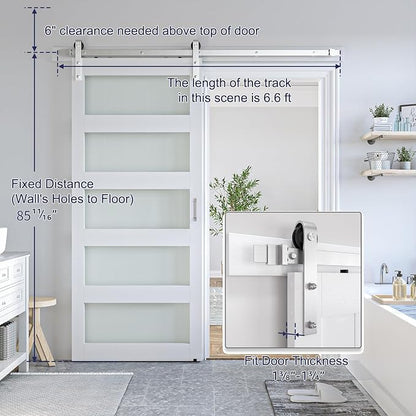 SMARTSTANDARD 38 x 84 in Glass Barn Door with 6.6FT Silver Sliding Hardware | Brushed Nickel Sliding Hardware Kit & Handle, Pre-Drilled Ready to Assemble, Waterproof PVC Coating, White, 5-Panel Glass