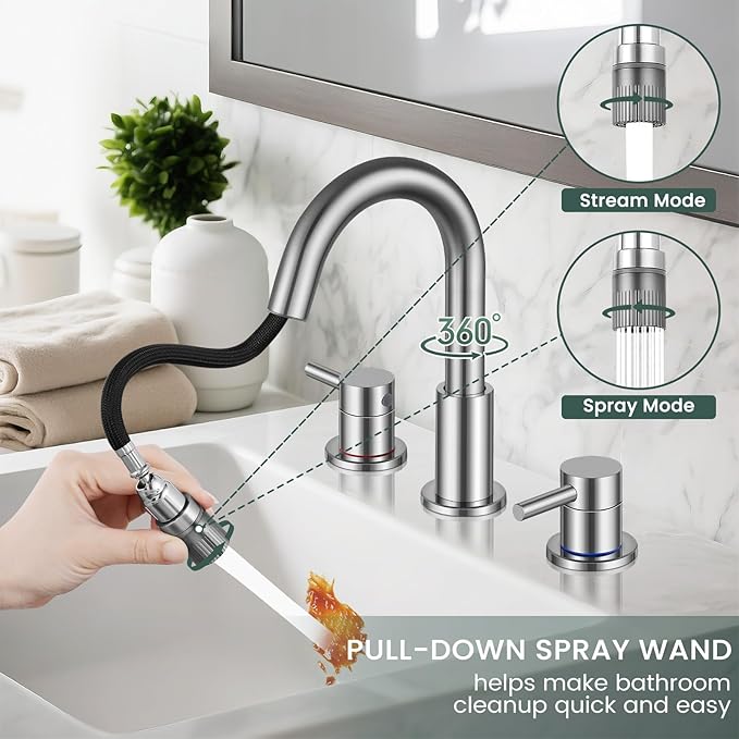 Pull Down Bathroom Faucet for Sink 3 Hole,8 inch Widespread Brushed Nickel Bathroom Sink Faucet with Pop Up Drain, Water Supply Hoses