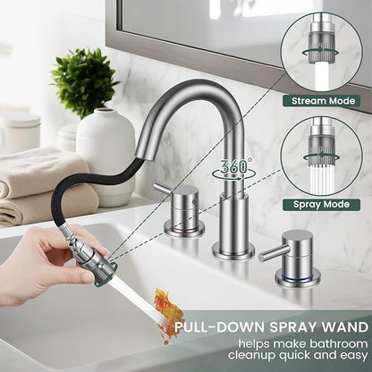 Pull Down Bathroom Faucet for Sink 3 Hole,8 inch Widespread Brushed Nickel Bathroom Sink Faucet with Pop Up Drain, Water Supply Hoses