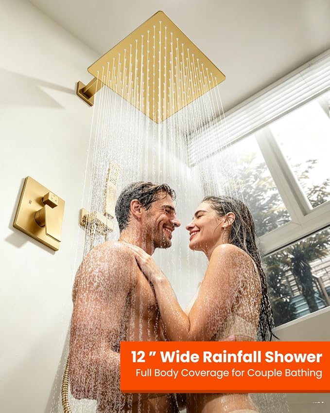 gotonovo Tub Shower Faucet Set with Valve 12'' Rain Head,Brushed Gold | Waterfall Tub Spout Shower System,Bathtub Faucet Set,SUS304 Rain Head with Handheld,Brass Valve Trim Kit,All Metal,Wall Mount