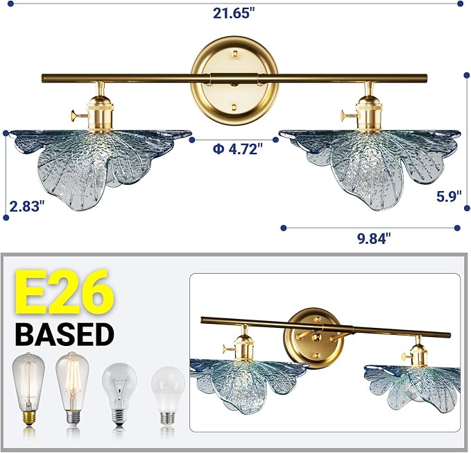 2 Light Vintage Wall Sconces with Glass Shades,Vanity Light,Bathroom Light,Wall Lighting Fixture for Mirror,Home Decor Art Wall Light (Golden+Blue, 2-Lights)