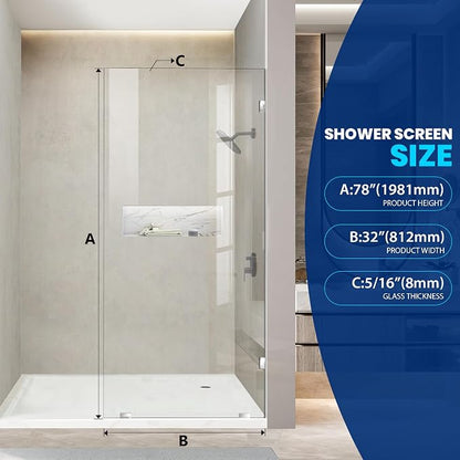Bathroom Shower Glass Door 32 * 78" - 5/16"(8mm) Thick Clear Tempered Glass Panel, Fixed Hinged Framless Shower Glass Door with Clamps, Chrome