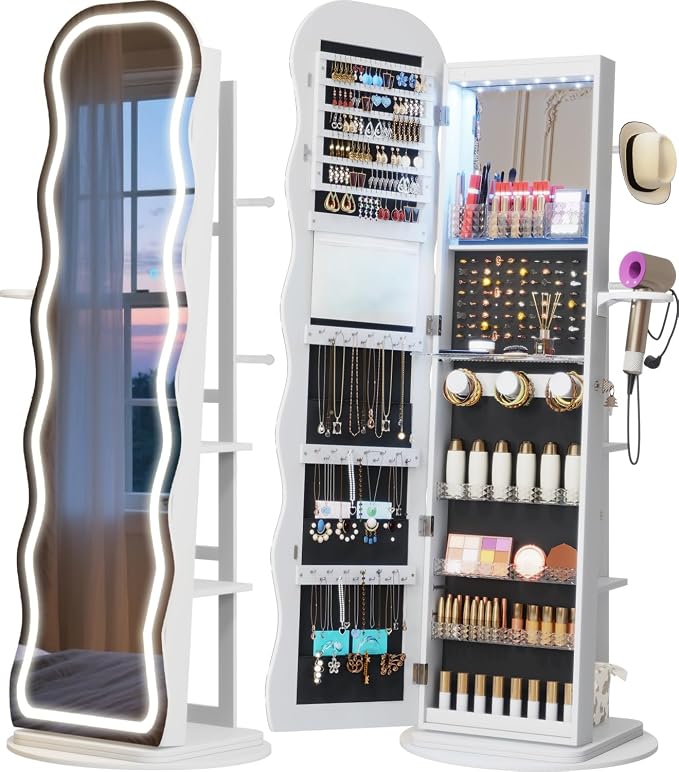Vlsrka LED Mirror Jewelry Cabinet Standing, 360° Swivel, White | Lockable Jewelry Armoire with Mirror, Interior LED Makeup Mirror, Foldable Shelf, Large Capacity, Gift for Women, Girls