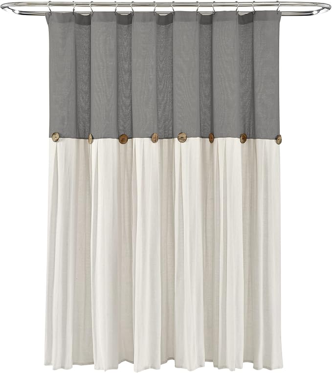 Lush Decor Linen Button Shower Curtain, 72" W x 72" L, Dark Gray & Off White - Gray Shower Curtain Fabric - Bathroom Curtain - Farmhouse Bathroom Decor