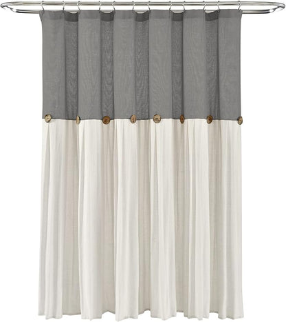 Lush Decor Linen Button Shower Curtain, 72" W x 72" L, Dark Gray & Off White - Gray Shower Curtain Fabric - Bathroom Curtain - Farmhouse Bathroom Decor