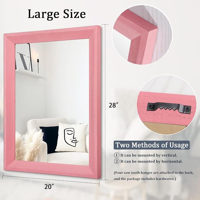 AAZZKANG Rectangle Mirror with Wood Frame Modern Farmhouse Wall Mirrors Decor Large 28"x20" for Bedroom Bathroom Living Room Pink