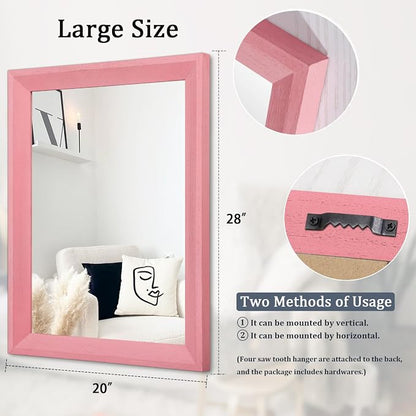 AAZZKANG Rectangle Mirror with Wood Frame Modern Farmhouse Wall Mirrors Decor Large 28"x20" for Bedroom Bathroom Living Room Pink