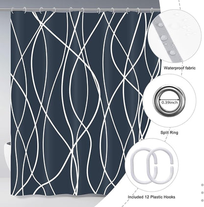 Striped Shower Curtain for Bathroom, Aegean Blue, 72" W x 72" L | with Hooks, Modern Hotel Style, Water Repellent, Washable, Weighted Hem