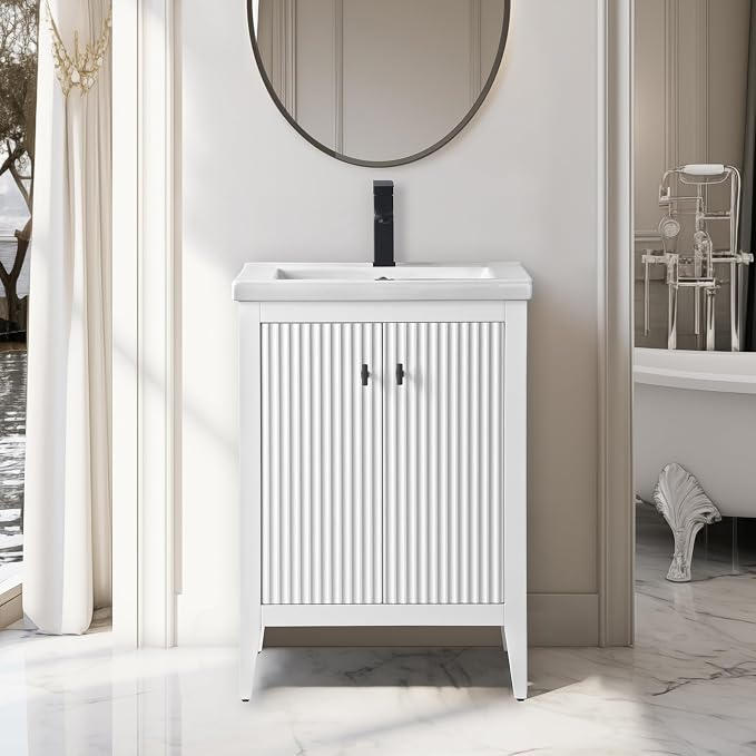 Vanity Art 24 inch Bathroom Vanity with Single Sink & Ceramic Top, Vanity Cabinet with Soft-Closing Door, Solid Wood Frame, Linear Pattern, White, VA9124-W-MB,Matte Black Handles