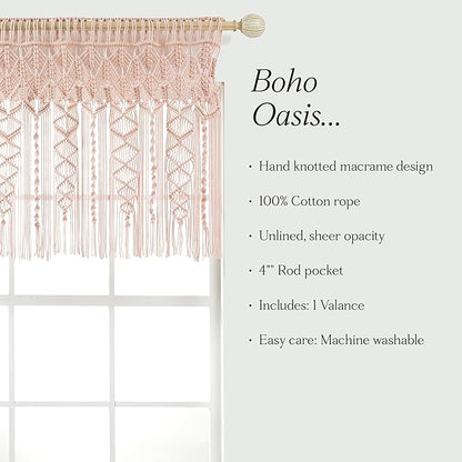 Lush Decor Boho Macrame Textured Cotton Valance, 40" W x 30" L, Blush - Boho Kitchen Curtains & Wall Decor - Macrame Valance - Bathroom Window Curtains