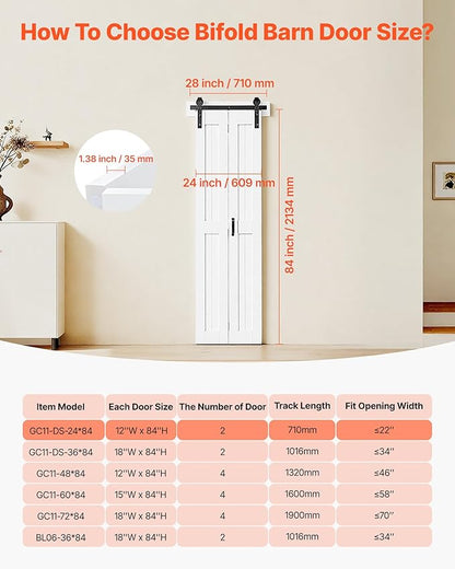 VEVOR Bifold Barn Door, 24" x 84", MDF Bi-Fold Sliding Closet Doors, Header Board and Hardware Kit Included, H-Frame Space-Saving Design, Panels Need to Assemble, Waterproof & Quiet, White
