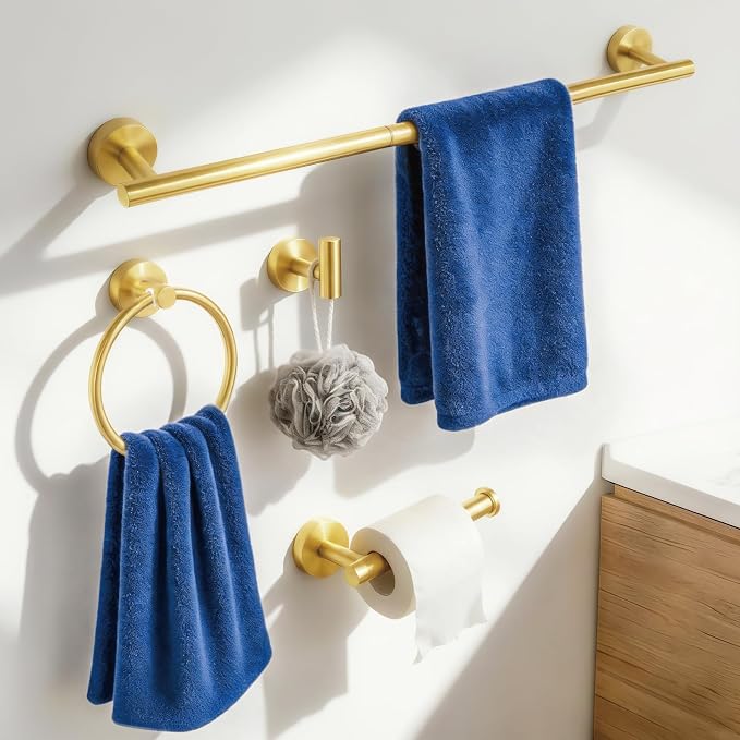 HOMOTEK 4 Pieces Bathroom Accessories Hardware Set, 24 inch Towel Bar, Towel Ring, Robe Hook, Toilet Paper Holder, Stainless Steel Rack Kit Wall Mounted, Gold
