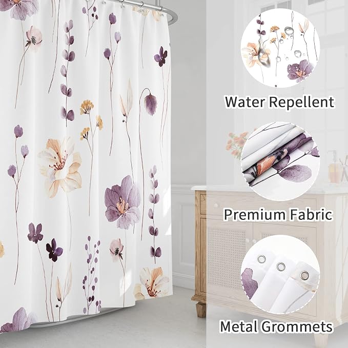 Plum Beige Watercolor Floral Fabric Shower Curtain, 72x84 | Waterproof Fabric, Modern Minimalist Floral Print, Machine Washable, Rustproof Grommets, Fade Resistant, for Bath Home