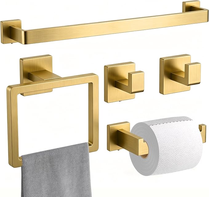 5-Pieces Brushed Gold Bathroom Hardware Set, SUS 304 Stainless Steel 24.48 Inch Square Towel Bar Set with Towel Ring Robe Towel Hooks and Paper Towel Holder for Bathroom Wall Mounted