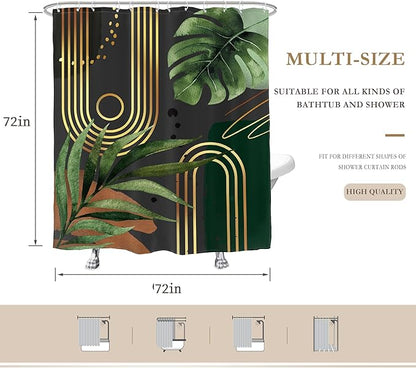Glawry Dark Green Boho Shower Curtain Abstract Retro Mid Century Bathroom Minimalist Tropical Modern 72Wx72L Inches Bath Accessories Art Home Decor Fabric 12 Pack Hook