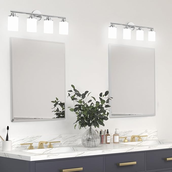 Chrome Mid-Century Modern Bathroom Sconce with Frosted Glass, 4-Light Vanity Lights Over Mirror