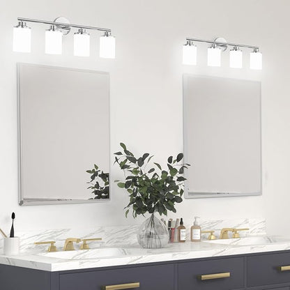 Chrome Mid-Century Modern Bathroom Sconce with Frosted Glass, 4-Light Vanity Lights Over Mirror