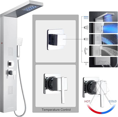 MENATT Shower Tower Panel System with LED Lights, Stainless Steels Shower Tower System with Rainfall Shower Head, 2-in-1 Body Jets,Handheld Showerhead,Bathtub Filler (Brushed Nickel)