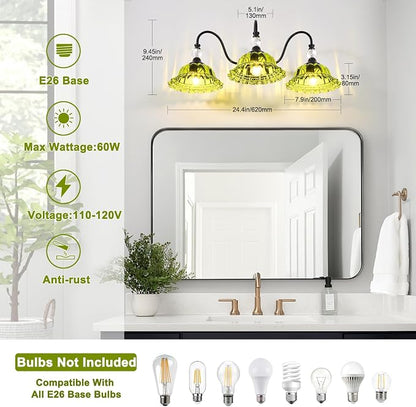 Vintage Bathroom Vanity Light Fixtures 3 Lights Matte Black Vanity Lights for Bathroom with Floral Green Crystal Glass Shades Vanity Wall Lights for Mirror Bedroom Living Room Hallway