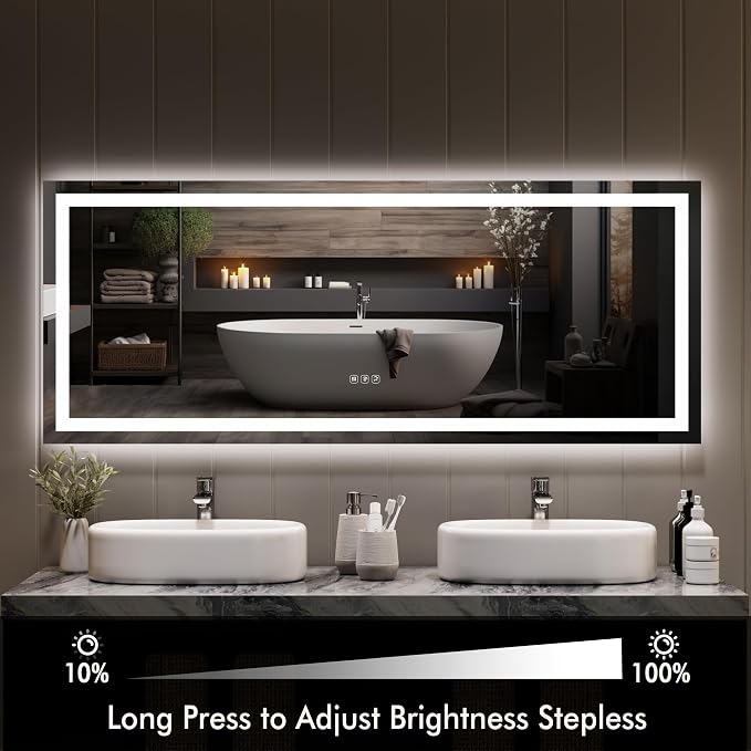 GarveeHome 60x24 LED Bathroom Mirror with Lights, Backlit + Front Lit, Dimmable, Anti-Fog, Lighted Bathroom Vanity Mirror for Wall, Memory Function, Shatter-Proof (Horizontal/Vertical)