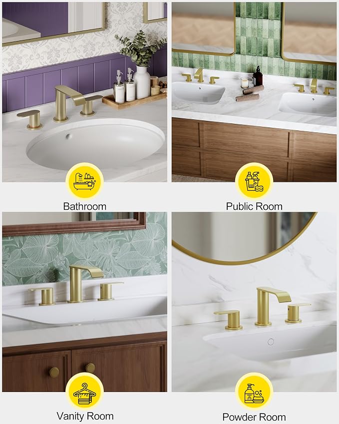 2 Pack Brushed Gold Bathroom Faucet 3 Hole 8 Inch Widespread Waterfall | Bathroom Sink Faucets 2 Handles with Pop-up Drain Supply Lines for Bath Vanity Commercial Lavatory Rv Restroom Homevacious