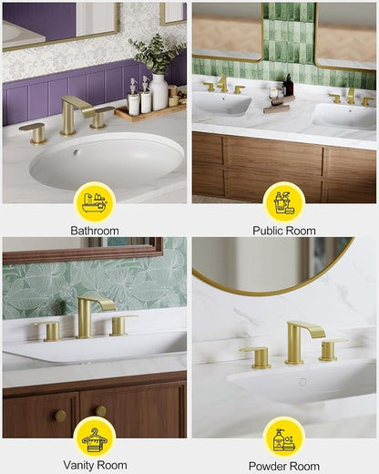 2 Pack Brushed Gold Bathroom Faucet 3 Hole 8 Inch Widespread Waterfall | Bathroom Sink Faucets 2 Handles with Pop-up Drain Supply Lines for Bath Vanity Commercial Lavatory Rv Restroom Homevacious
