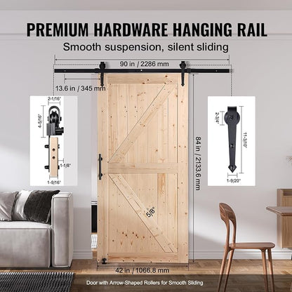 VEVOR 42in x 84in Sliding Barn Door with 7ft Barn Door Hardware Kit Included & Handle, Water-Proof Solid Wood, Easy Assembly, for Interior Rooms & Storage Closet, K-Frame, DIY, Stainable, Natural