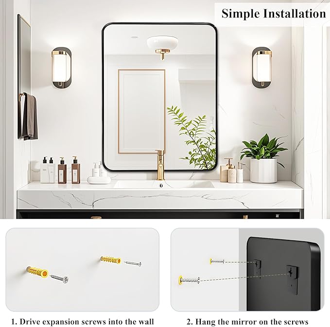 Fabuday Bathroom Mirrors for Over Sink - 24x30 Inch Black Framed Mirror for Bathroom, Small Vanity Mirror with Brushed Black Frame for Bedroom, Restroom, Farmhouse, Entryway Decor