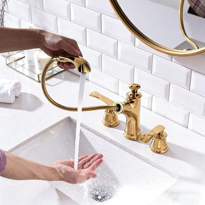 Pull Down Bathroom Faucet 3 Hole Gold Double Handle Hot and Cold Restroom Faucet 3 Holes,Gold
