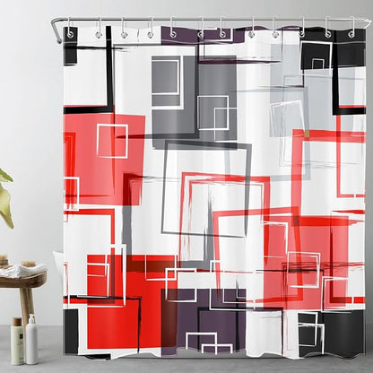Abstract Geometric Red Shower Curtain Sets with Rugs, Gray Black and White Geometric Textured Bathroom Curtain Polyester Fabric Bathroom Decoration Shower Curtain Set,70L X 70W Inches