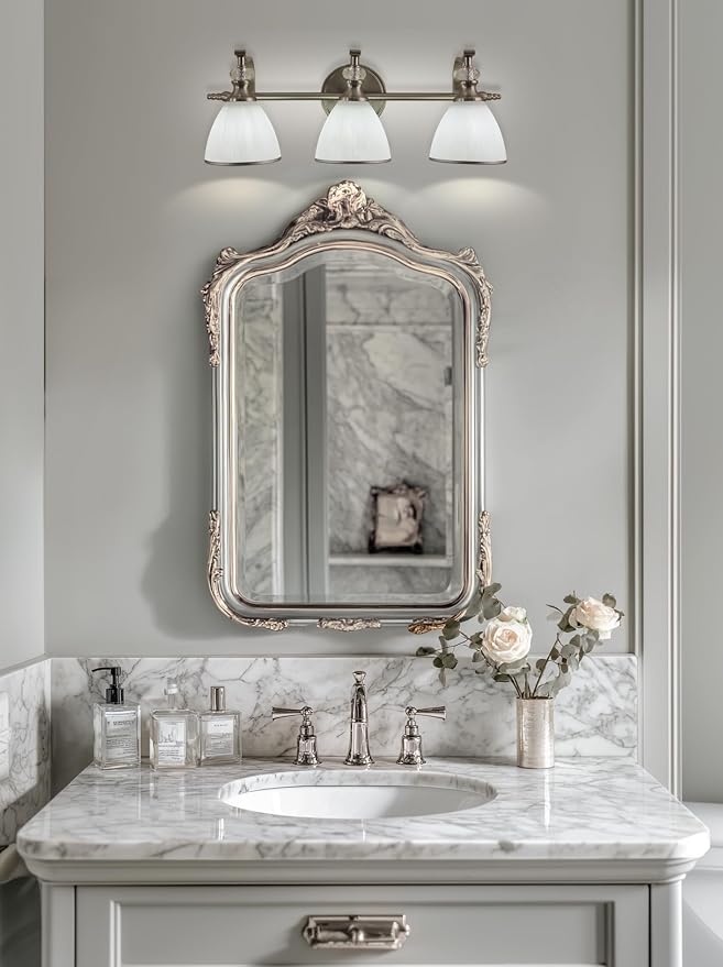 Bathroom Light Fixture, 3-Light Bathroom Vanity Light Brushed Nickel, Vintage Wall Sconce with Hand-Painted Frosted Lampshade, Wall Lamp in Silver Finish for Bedroom, Living Room, Restroom