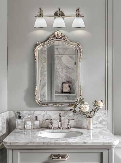 Bathroom Light Fixture, 3-Light Bathroom Vanity Light Brushed Nickel, Vintage Wall Sconce with Hand-Painted Frosted Lampshade, Wall Lamp in Silver Finish for Bedroom, Living Room, Restroom