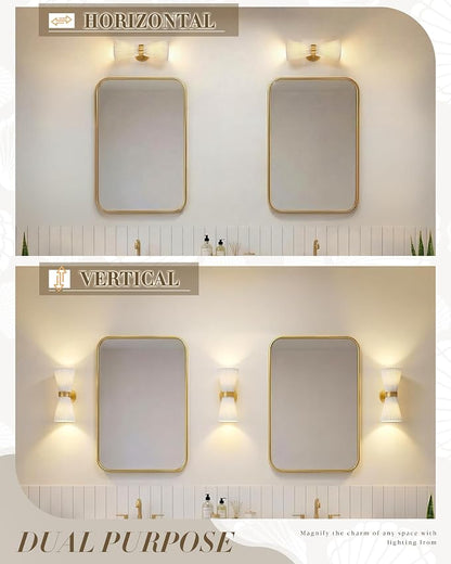 Wall Sconces Set of Two, HWH 14.3 Inch Gold Bathroom Light Fixtures with Milk White Striped Fabric Shade, Modern Wall Light fixtures for Living Room Bedroom, 5HZG97B-2W-2PK BG-FB