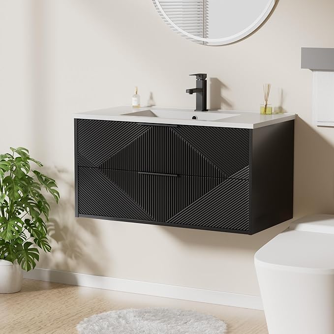 LUCKWIND 36" Floating Bathroom Vanity with Sink Combo, Wall Mounted Floating Cabinet with 2 Large Soft-Close Drawers & Water Saving Faucet, Geometric Textured Design in Black