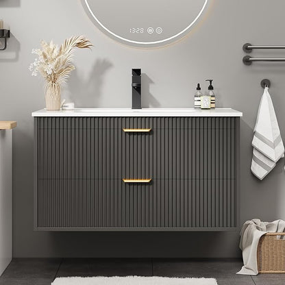 Vabches 30 Inch Bathroom Vanity with Sink, Wood Grain Wall Mounted Vanity with 2 Storage Darwers, Floating Bathroom Vanity with Storage, Bathroom Floating Vanity with Sink, Faucet, Drain, Black