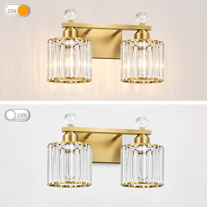 Lxybcce Modern Crystal Bathroom Vanity Light, 14In 2-Lights Bathroom Light Fixtures, Gold Vanity Light Fixtures Over Mirror, Easy Installation & Shadow-Free Illumination for Bathroom Mirror Decor
