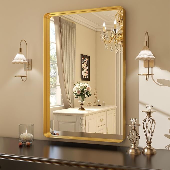 Easly 36 x 24 Inch Gold Bathroom Mirror for Wall,Aluminum Alloy Frame Rectangular Wall Mounted Mirror for Farmhouse Decor Horizontal or Vertical Ideal for Bedroom, Living Room
