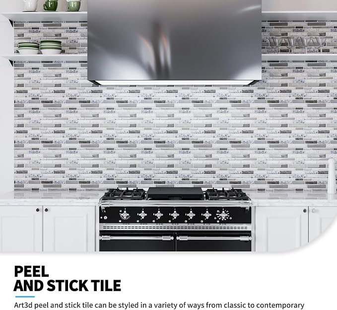 Art3d Stone Peel and Stick Backsplash, 10-Sheet, 12" x 12", Grey Marble | Lightweight, Self Adhesive, Moisture Resistant, Easy to DIY, Modern Style, for Kitchen, Bedroom, Ideal for New Home Buyers