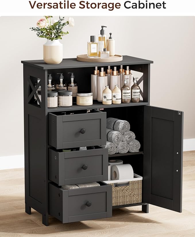 Homhedy Bathroom Storage Cabinet with 3 Drawers, Toilet Paper Cabinet | Farmhouse Freestanding Floor Cabinet with Door and Adjustable Shelf, Small Cabinet for Bathroom, Living Room, Black