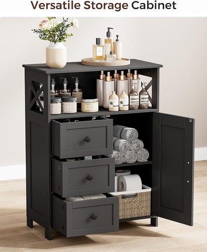 Homhedy Bathroom Storage Cabinet with 3 Drawers, Toilet Paper Cabinet | Farmhouse Freestanding Floor Cabinet with Door and Adjustable Shelf, Small Cabinet for Bathroom, Living Room, Black