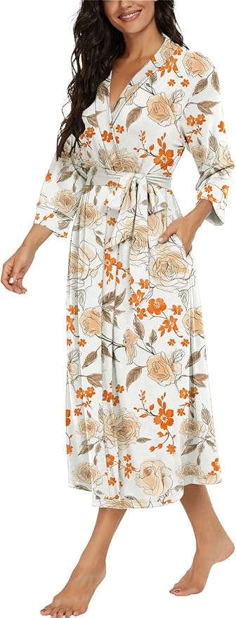 VINTATRE Women Kimono Robes Long Knit Bathrobe Lightweight Soft Knit Sleepwear V-neck Casual Ladies Loungewear
