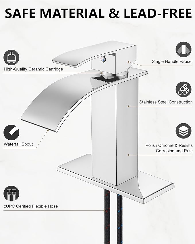 Midanya Bathroom Faucet with Waterfall Spout, Single Hole or 3-Hole Deck Mount, 304 Stainless Steel Sink Faucet with Pop-Up Drain, RV Vanity Compatible,Polish Chrome