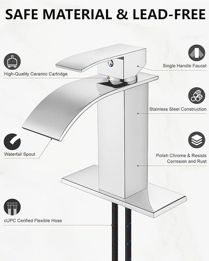 Midanya Bathroom Faucet with Waterfall Spout, Single Hole or 3-Hole Deck Mount, 304 Stainless Steel Sink Faucet with Pop-Up Drain, RV Vanity Compatible,Polish Chrome