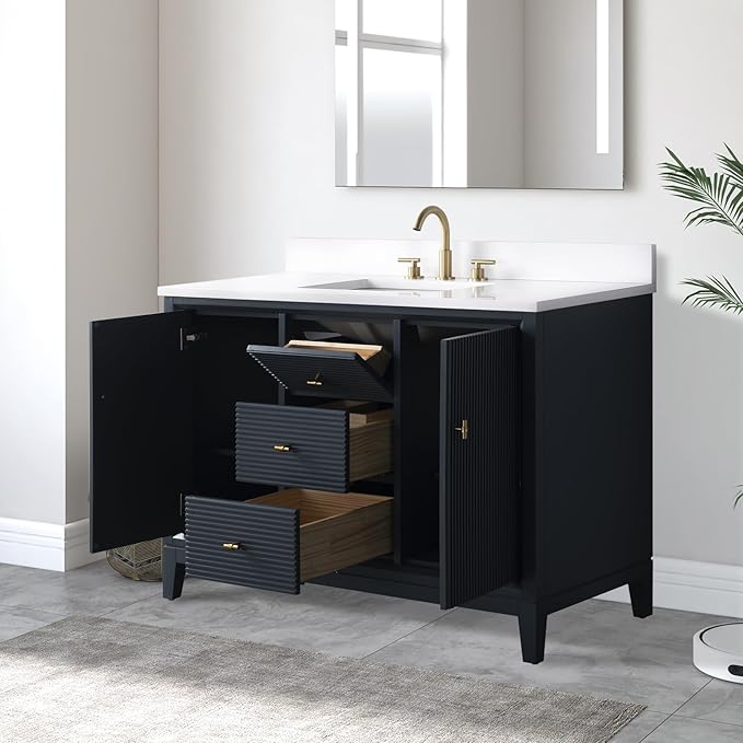 Vanity Art 48" Bathroom Vanity with Single Sink & Arabescato White Engineered Stone Top, Soft Closing Door, Solid Wood Frame, Golden Brushed Handles, Vintage Spruce Blue VA8148-VSB-GB