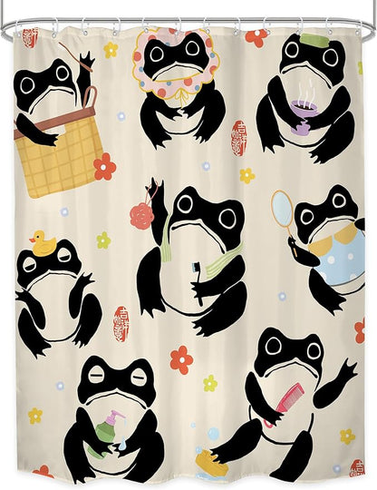 LGhtyro Funny Frog Shower Curtain Bathroom Set 71Wx84H Inches Extra Long Japanese Cute Fun Kids Washing Animal Asian Traditional Floral Bath Accessories Cartoon Art Home Decor Fabric 12 Pack Hooks