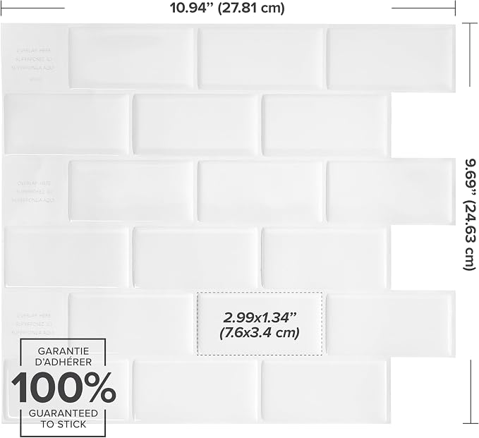 Smart Tiles Peel and Stick backsplash, Subway Pure White, 10.95"x9.7" | Pack of 10 (6.3 sq ft), Glossy, Heat/Moisture Resistant, Low VOC, Kitchen/Bathroom, Renter Friendly, Made in Canada